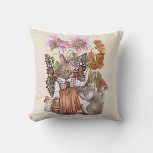 Whimsical Butterfly Rabbit Fairytale Watercolor Cushion