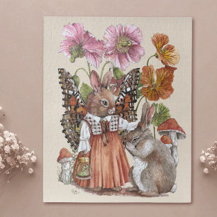 Whimsical Butterfly Rabbit Fairytale Watercolor Jigsaw Puzzle