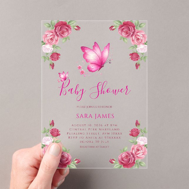Whimsical Butterfly & Rose Baby Shower Acrylic Invitations (Insitu (Handheld))