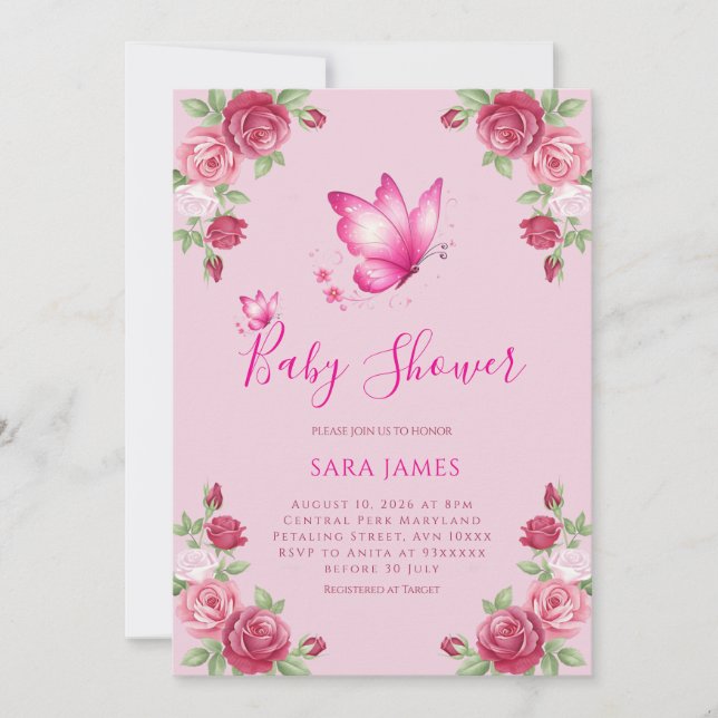 Whimsical Butterfly & Rose Baby Shower Invitation (Front)