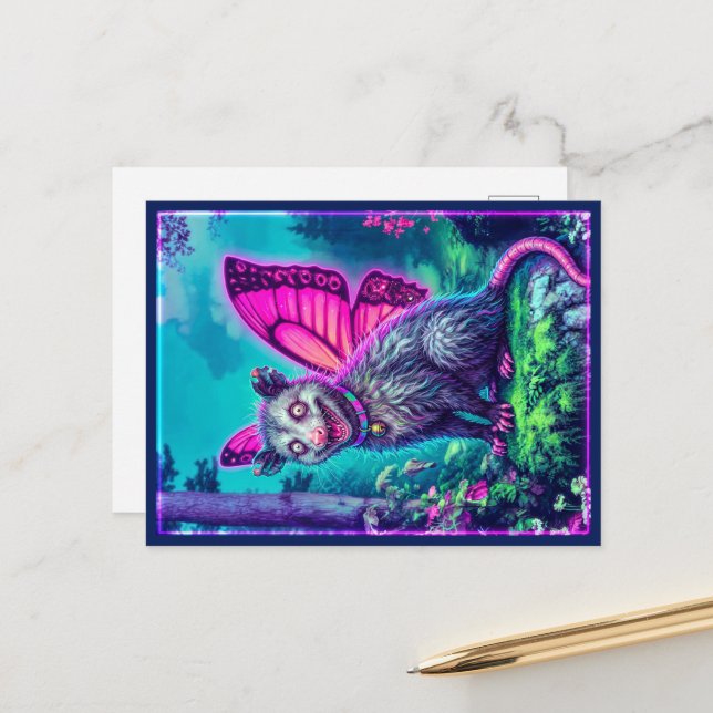 Whimsical Butterfly Wing Opossum Fantasy Postcard (Front/Back In Situ)