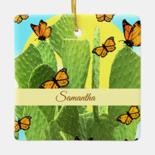 Whimsical Cactus And Butterflies Ceramic Ornament