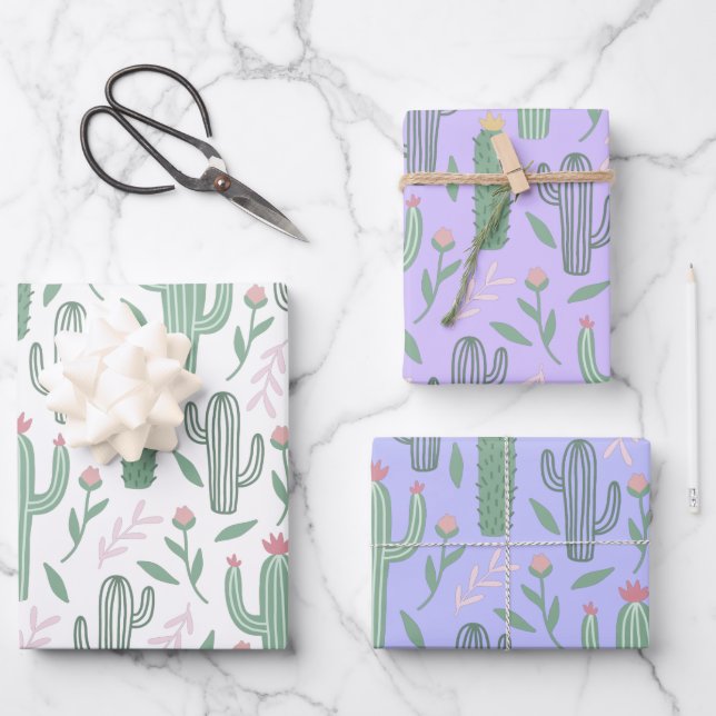 Whimsical cactus botanical pattern 3 colours wrapping paper sheet (Front)