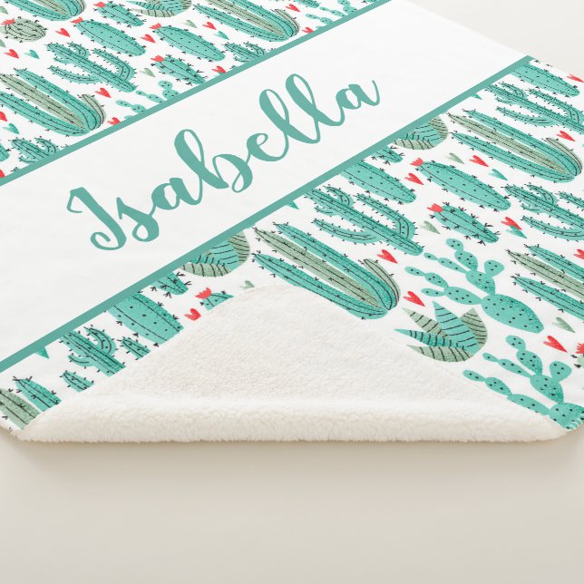 Whimsical cactus green white pattern monogram sherpa blanket (3/4)