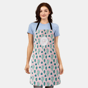 Whimsical Cactus Pattern Pink Monogram Apron