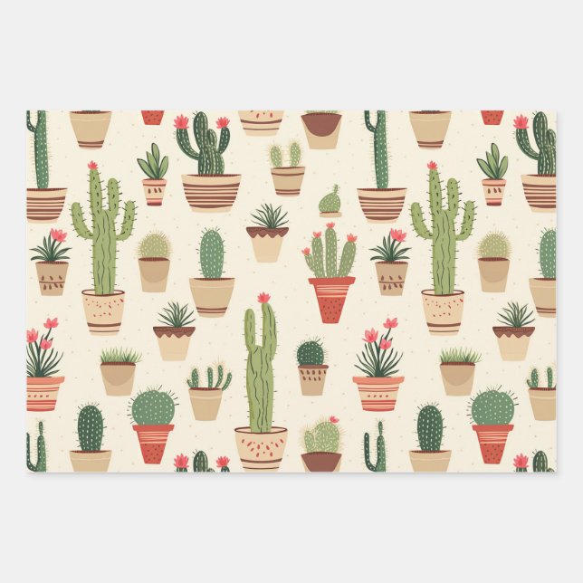 Whimsical Cactus Pattern Wrapping Paper Sheets  (Front)