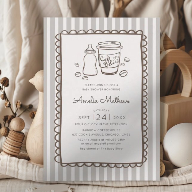 Whimsical Cafe Bebe Stripes Baby Shower Invitation (Creator Uploaded)