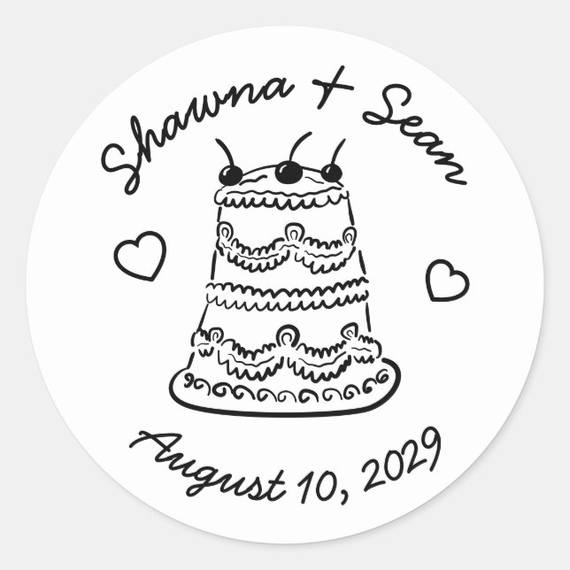 Whimsical Cake Doodle Sketch Modern CUSTOM Classic Round Sticker (Front)