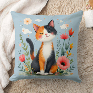 Whimsical Calico Cat Floral Cottagecore Art Cushion