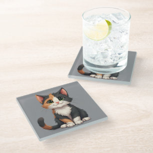 Whimsical Calico Kitten with Cattitude Glass Coaster