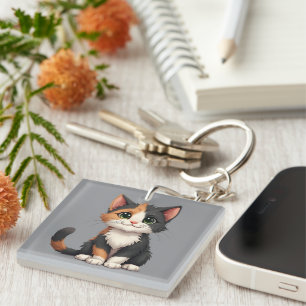 Whimsical Calico Kitten with Cattitude Key Ring