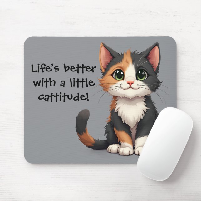 Whimsical Calico Kitten with Cattitude Mouse Pad (With Mouse)