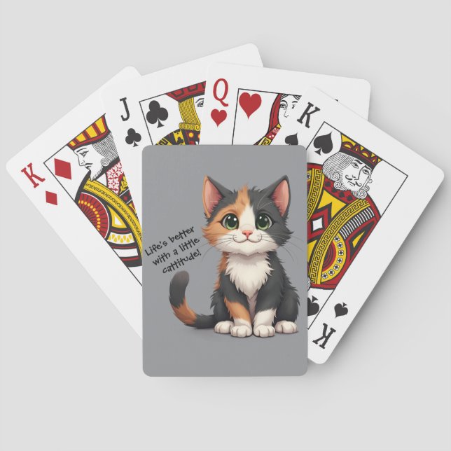 Whimsical Calico Kitten with Cattitude Playing Cards (Back)