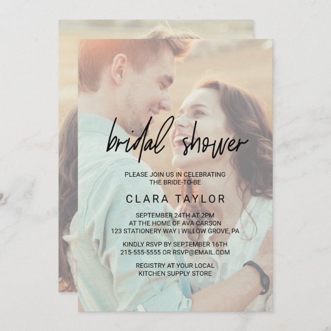 Whimsical Calligraphy | Faded Photo Bridal Shower Invitation (Front/Back)