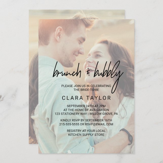 Whimsical Calligraphy Faded Photo Brunch & Bubbly Invitation (Front/Back)