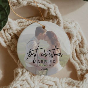 Whimsical Calligraphy Faded Photo Married Ceramic Ornament