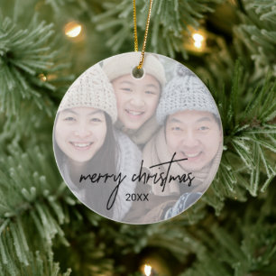 Whimsical Calligraphy Faded Photo Merry Christmas Ceramic Ornament