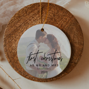 Whimsical Calligraphy Faded Photo Mr and Mrs Ceramic Ornament