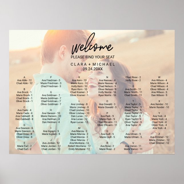 Whimsical Calligraphy | Faded Photo Seating Chart (Front)
