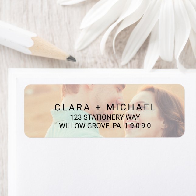 Whimsical Calligraphy | Faded Photo Wedding Return Address Label (Insitu)