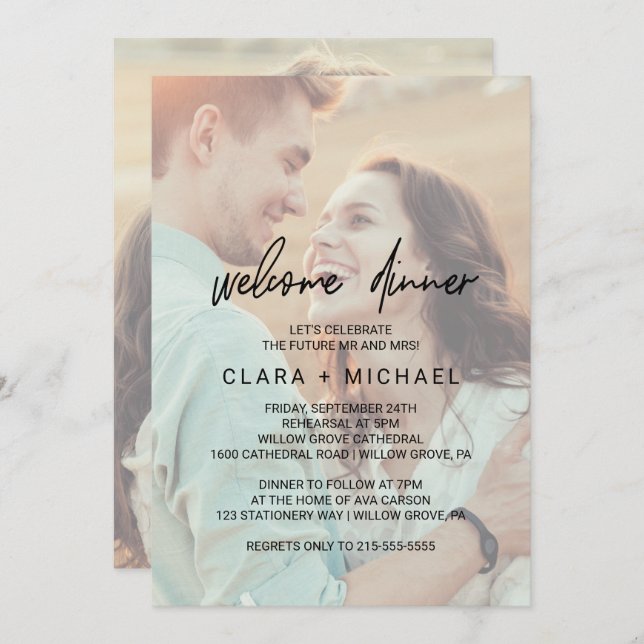 Whimsical Calligraphy Faded Photo Welcome Dinner Invitation (Front/Back)