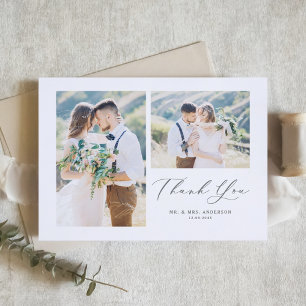 Whimsical Calligraphy Grey Photo Collage Wedding Thank You Card