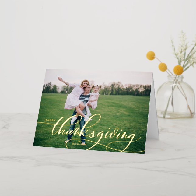 Whimsical Calligraphy Happy Thanksgiving Photo Foil Holiday Card (Gold Flower)