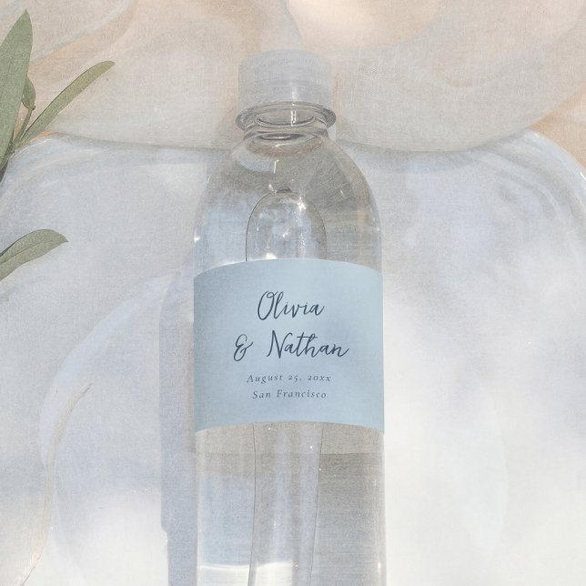 Whimsical Calligraphy Minimal Retro Blue Wedding Water Bottle Label (Creator Uploaded)