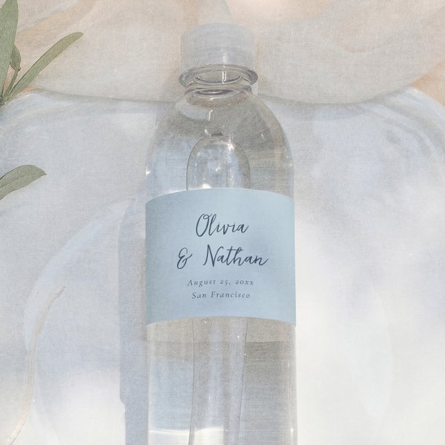 Whimsical Calligraphy Minimal Retro Blue Wedding Water Bottle Label (Creator Uploaded)