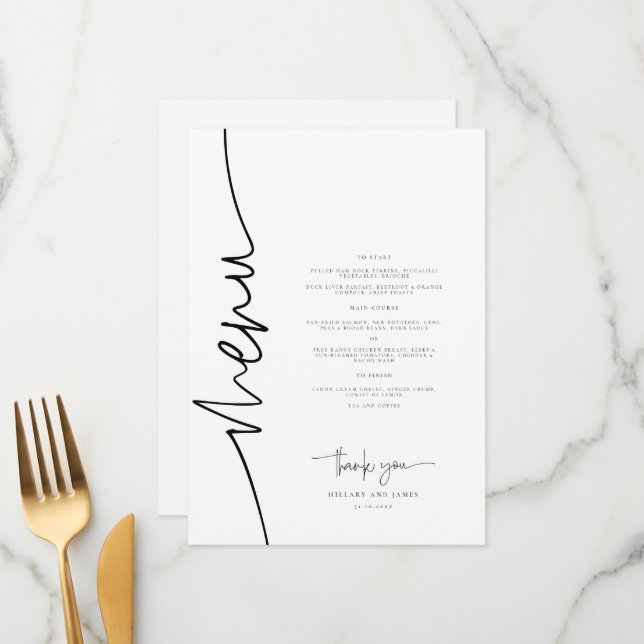 Whimsical Calligraphy Modern Wedding Dinner Menu (Front/Back In Situ)