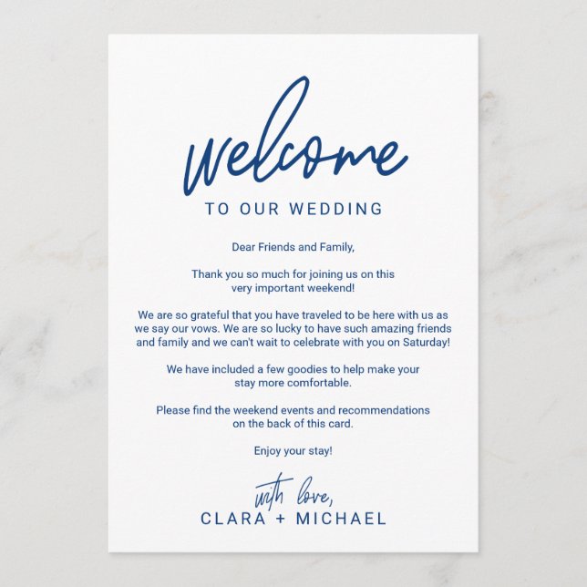 Whimsical Calligraphy Navy Wedding Welcome Letter Program (Front)