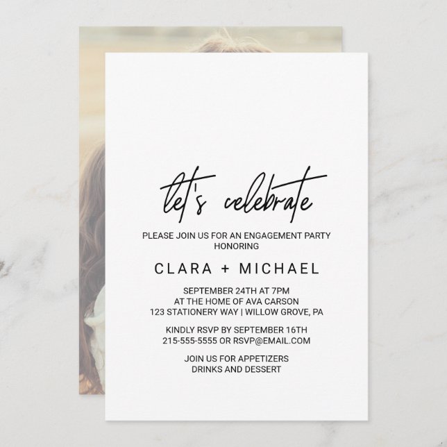 Whimsical Calligraphy Photo Back Let's Celebrate Invitation (Front/Back)