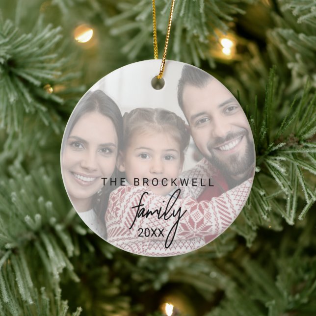 Whimsical Calligraphy Photo Family Christmas Ceramic Ornament (Tree)