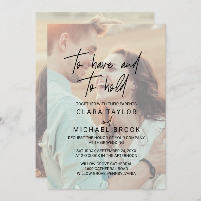 Whimsical Calligraphy Photo RSVP Have Hold Wedding Invitation (Front/Back)