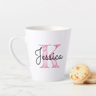 Whimsical Calligraphy Pink and Black Monogram Latte Mug