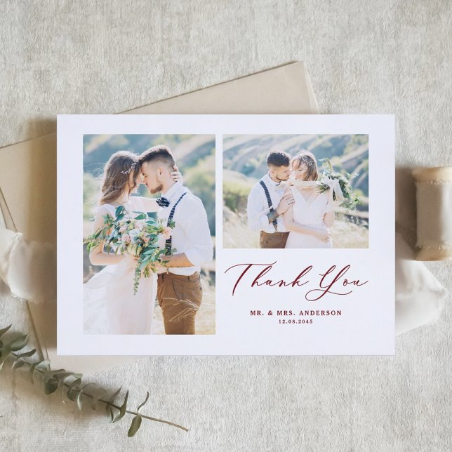 Whimsical Calligraphy Red Photo Collage Wedding Thank You Card (Creator Uploaded)