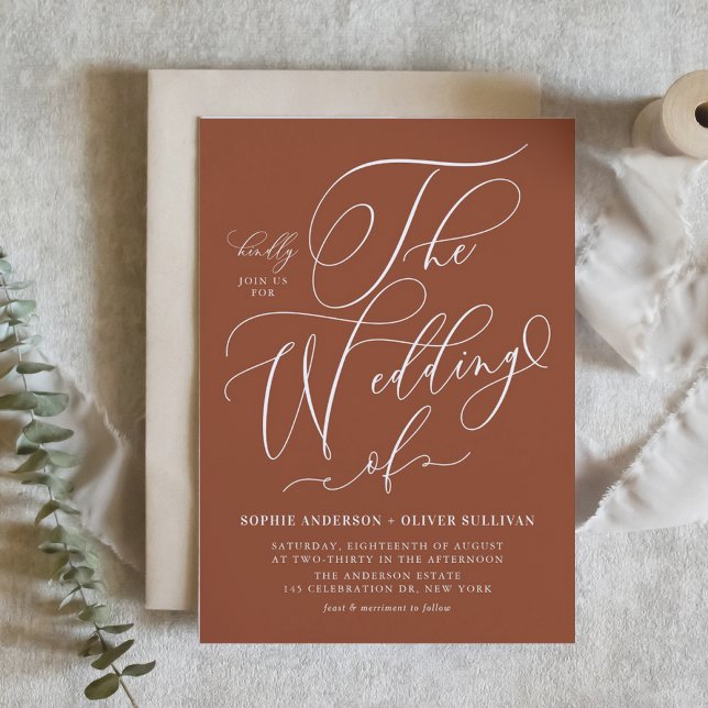 Whimsical Calligraphy Terracotta Wedding QR Code Invitation Postcard (Whimsical Calligraphy Terracotta Wedding QR Code Invitation Postcard)