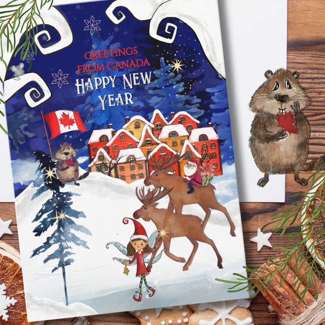 Whimsical Canadian Village & Moose New Year Holiday Card (Whimsical Canadian Village & Moose New Year Holiday Card)