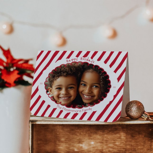  Whimsical Candy Cane Stripe Holiday Photo Card (Retro Candy Cane Whimsical Striped Christmas folded card)