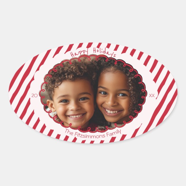  Whimsical Candy Cane Stripe Holiday Photo Oval Sticker (Front)