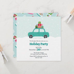 Whimsical Car with Christmas Gifts in Turquoise Invitation