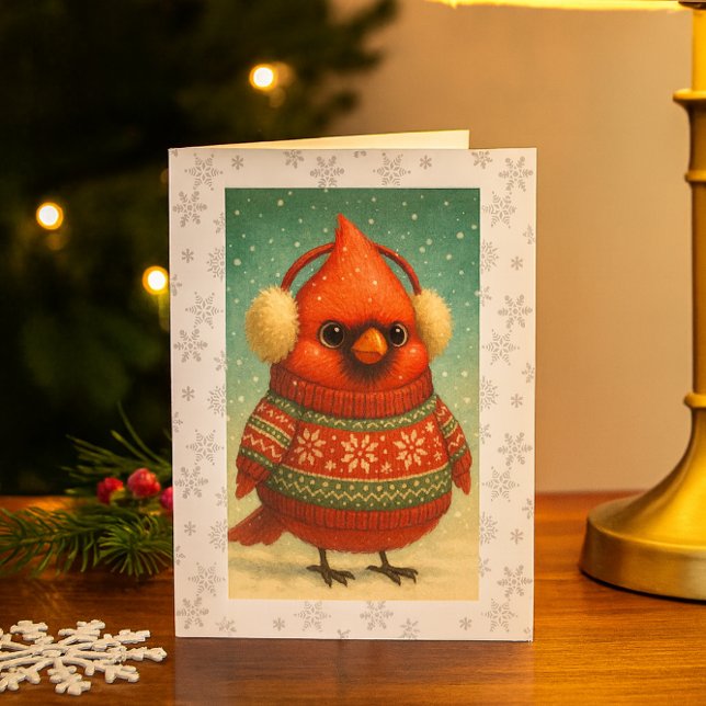 Whimsical Cardinal in Earmuffs Christmas  Card (Whimsical cardinal holiday card festive, cozy, and perfect for winter greetings or gifts.)