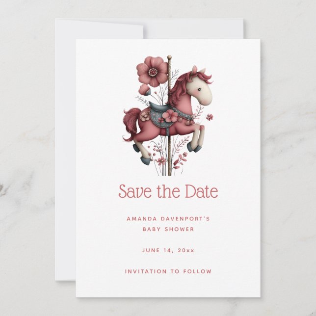 Whimsical Carousel Horse Image Baby Shower Save The Date (Front)