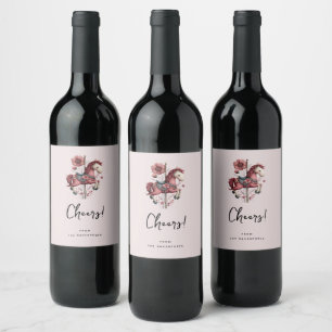 Whimsical Carousel Horse Image Cheers Wine Label