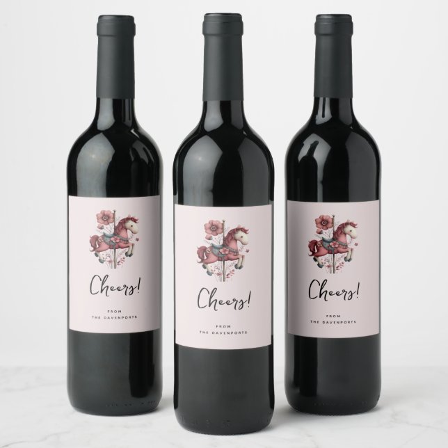 Whimsical Carousel Horse Image Cheers Wine Label (Bottles)