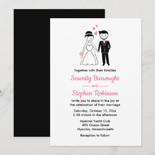 Whimsical Cartoon Bride Groom Black Wedding Invitation