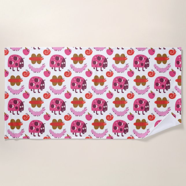 Whimsical Cartoon Bugs And Fruits Pattern Beach Towel (Front)
