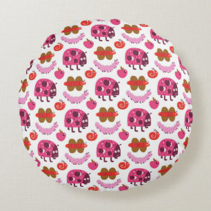Whimsical Cartoon Bugs And Fruits Pattern Round Cushion