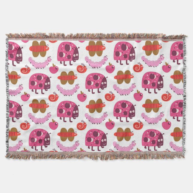 Whimsical Cartoon Bugs And Fruits Pattern Throw Blanket (Front)