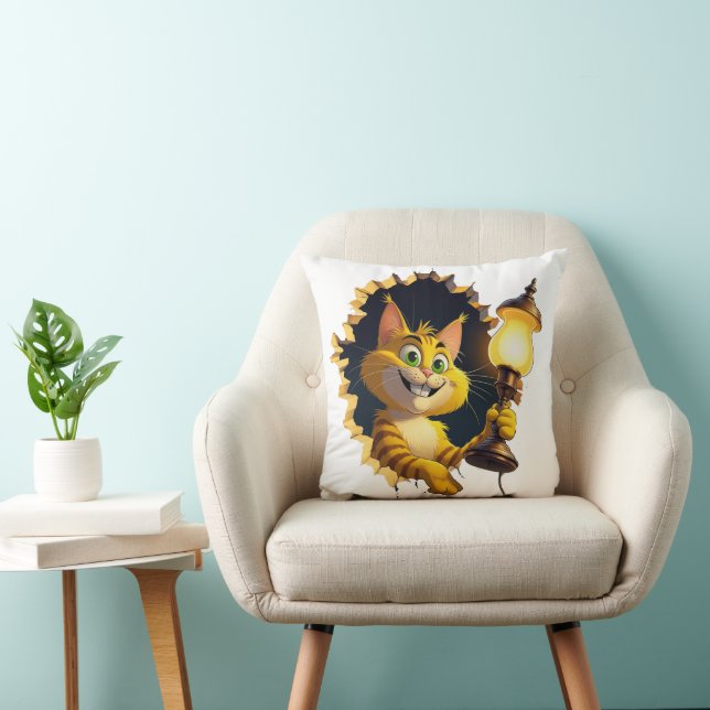 Whimsical Cartoon Cat Holding a Lamp Through a Wal Cushion (Chair)
